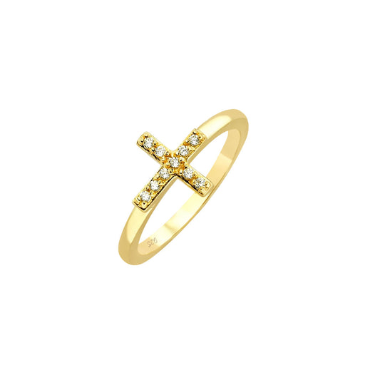 Sterling Silver 925 Gold Plated Clear CZ Jesus Christian Cross Ring Sizes 5-9