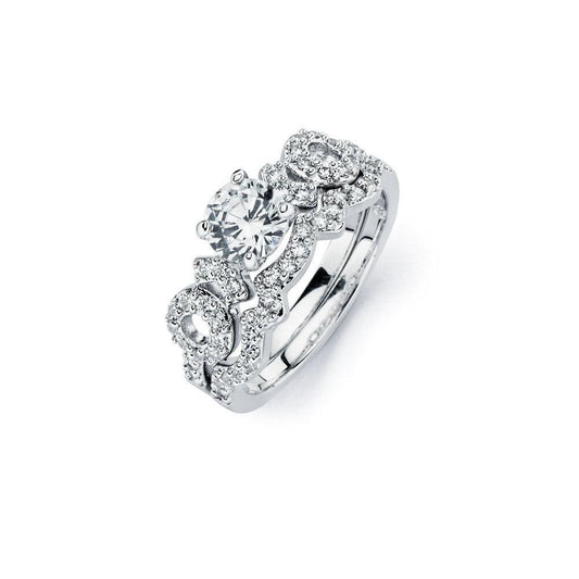 Sterling Silver 925 Rhodium Plated Clear CZ Bridal Engagement Ring Set Sizes 5-9