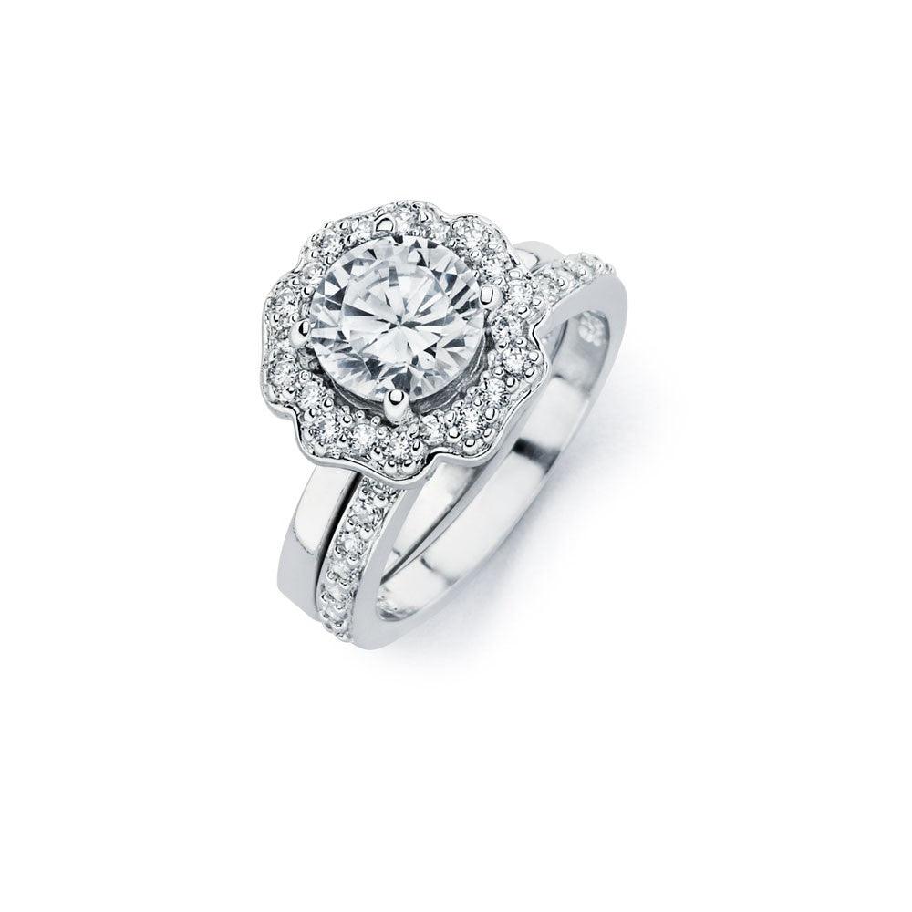 Sterling Silver 925 Rhodium Plated Clear CZ Flower Engagement Ring Set Sizes 5-9