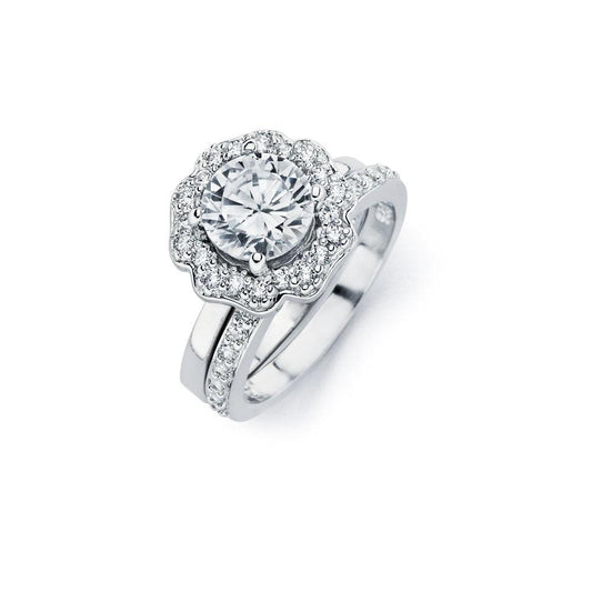 Sterling Silver 925 Rhodium Plated Clear CZ Flower Engagement Ring Set Sizes 5-9
