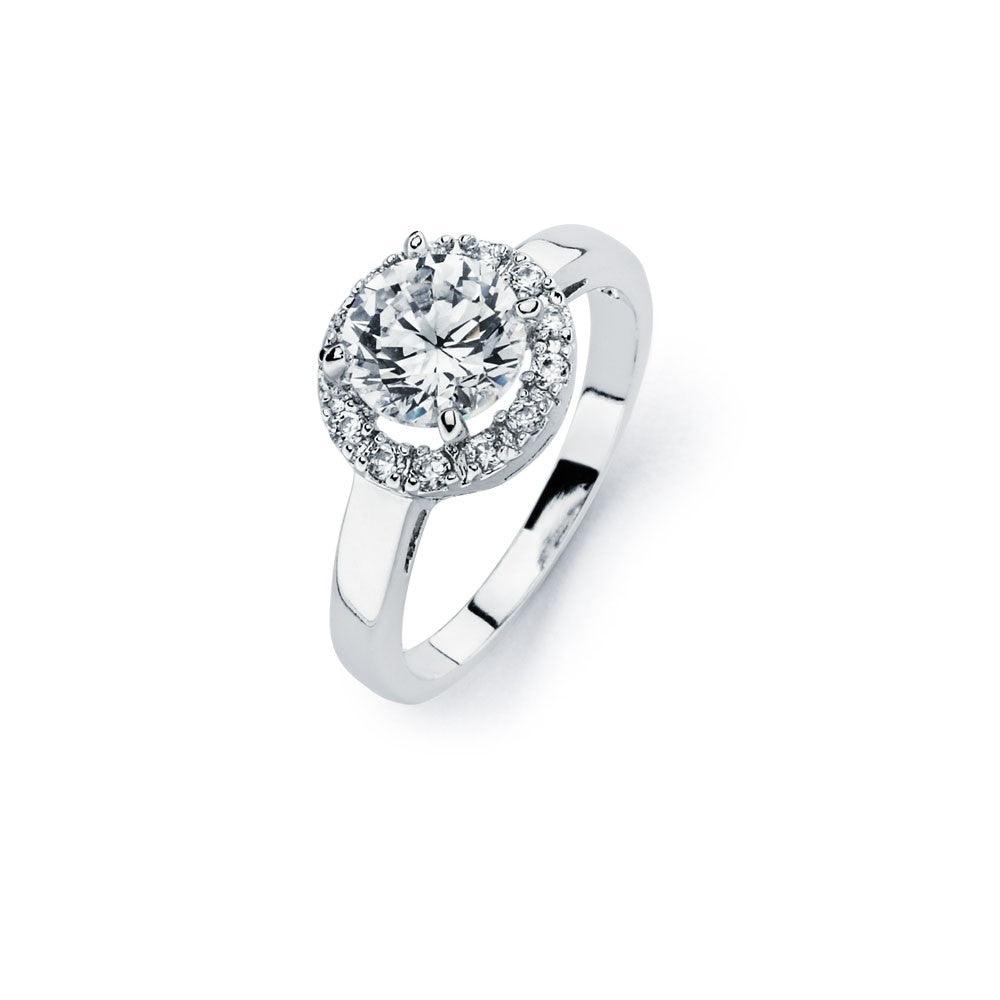 Sterling Silver 925 Rhodium Plated Clear Round Halo CZ Bridal Ring Sizes 5-9