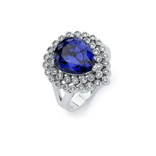 Rhodium Plated Sterling Silver 925 Blue & Clear Cluster CZ Ring Band Sizes 5-9