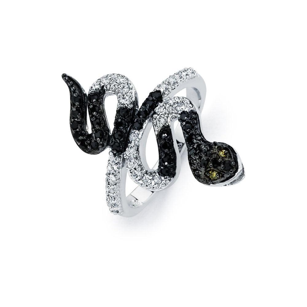 Sterling Silver 925 Black Rhodium Plated Clear Black CZ Snake Ring Sizes 5-9