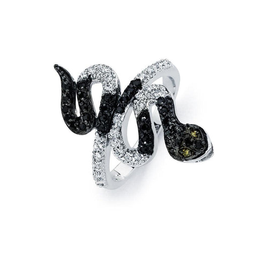 Sterling Silver 925 Black Rhodium Plated Clear Black CZ Snake Ring Sizes 5-9