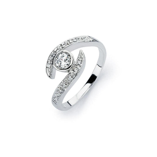 Sterling Silver 925 Rhodium Plated Clear Round Bezel Wave CZ Fun Ring Sizes 5-9