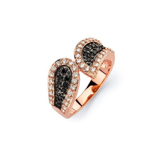 Sterling Silver Rose Gold Plated Black Clear CZ Wave Criss Cross Ring Sizes 5-9