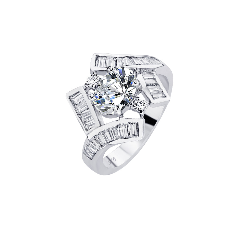 Sterling Silver 925 Rhodium Plated Baguette Center CZ Bridal Ring Sizes 5-9