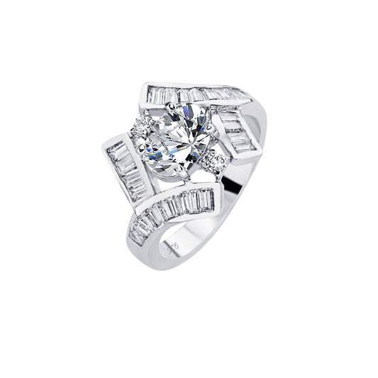 Sterling Silver 925 Rhodium Plated Baguette Center CZ Bridal Ring Sizes 5-9