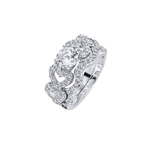 Sterling Silver 925 Rhodium Plated Round Clear CZ Heart Bridal Ring Sizes 5-9