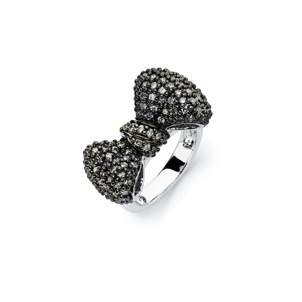 Sterling Silver 925 Black Rhodium Plated Fashion CZ Bow Ribbon Ring Sizes 5-9