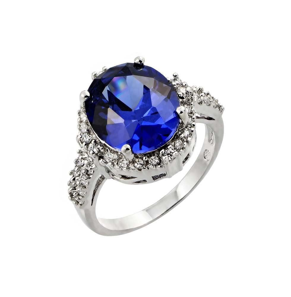 Sterling Silver 925 Rhodium Plated Blue Oval Clear Halo CZ Bridal Ring Sizes 5-9