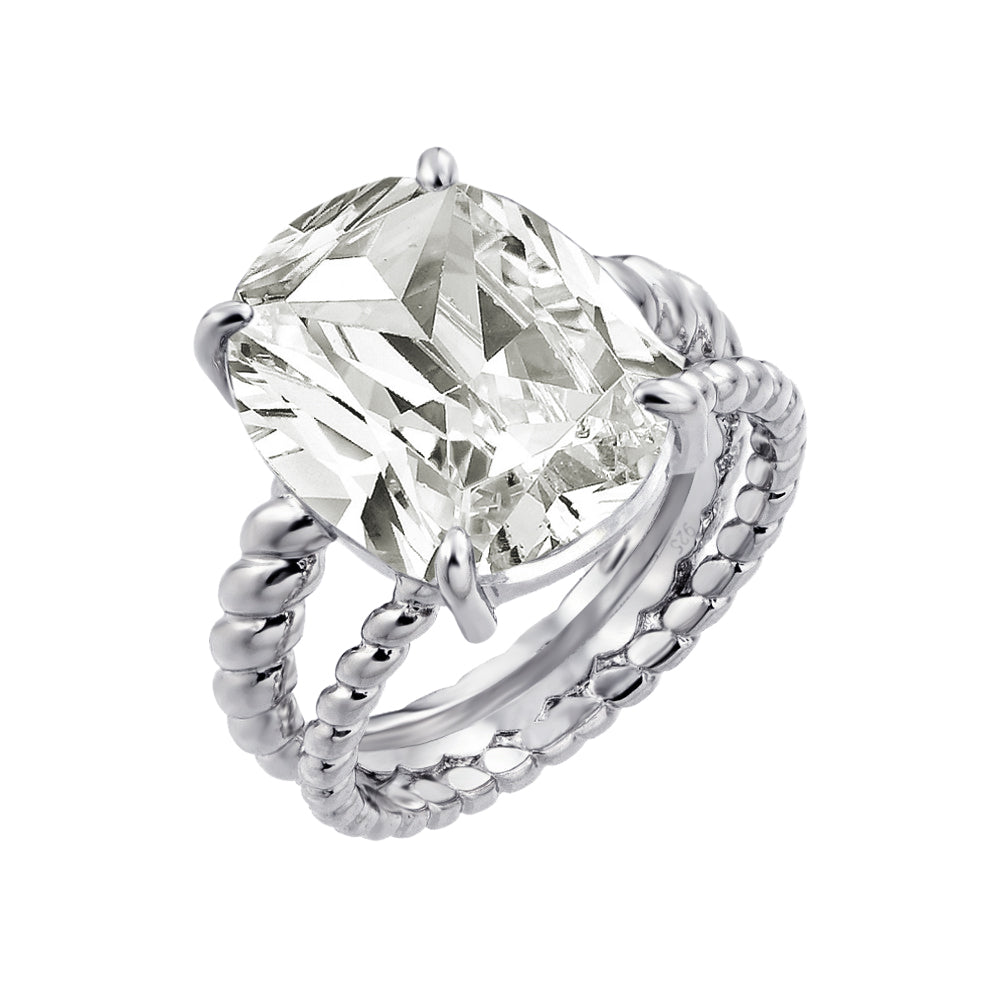 Rhodium Plated Sterling Silver 925 Clear Oval CZ Bead Ring Band Sizes 5-9