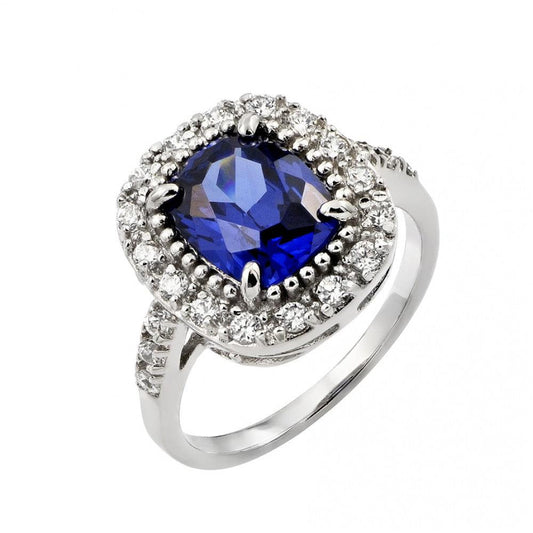 Rhodium Plated Sterling Silver 925 Blue Square Clear CZ Ring Band Sizes 5-9