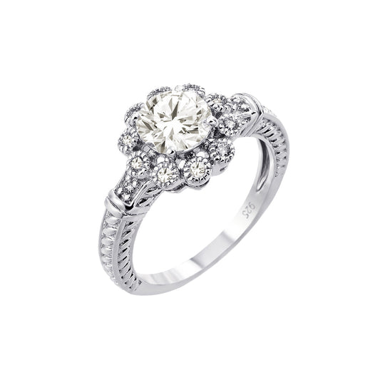 Rhodium Plated Sterling Silver 925 Clear CZ Bridal Flower Ring Band Sizes 5-9