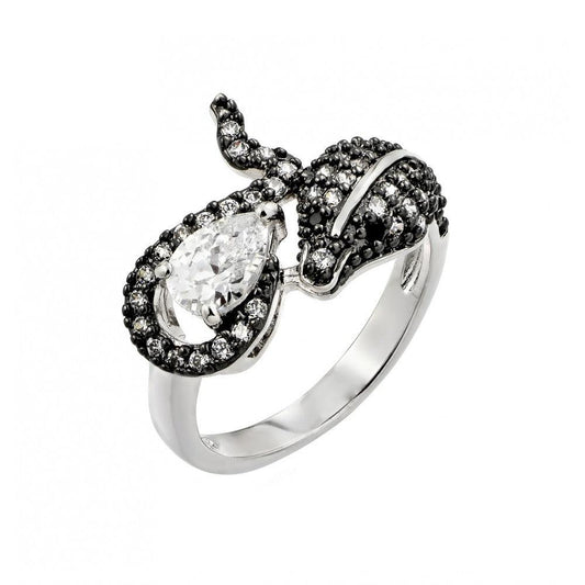 Sterling Silver 925 Black Rhodium Plated Clear & Black CZ Snake Ring Sizes 5-9