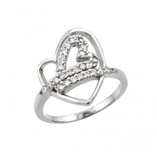 Sterling Silver 925 Rhodium Plated Clear CZ Inlay Open Heart Ring Band Sizes 5-9