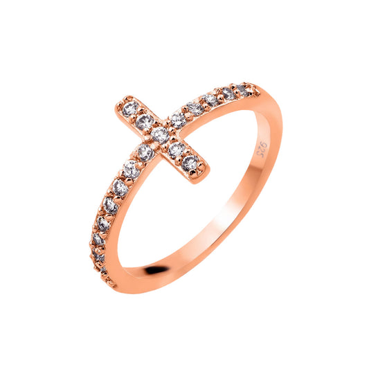 Rose Gold Plated Sterling Silver 925 Clear CZ Cross Ring Band Sizes 5-9