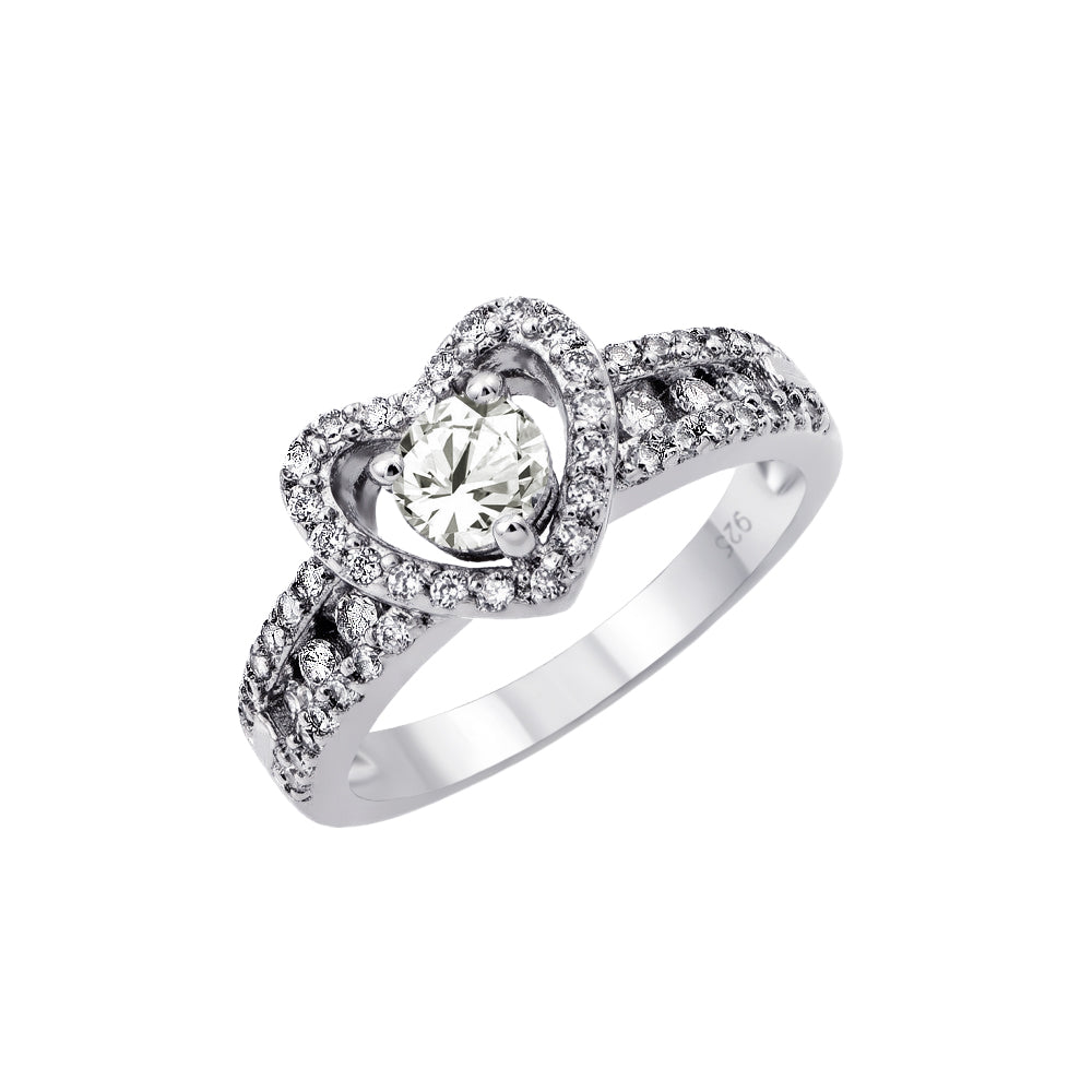 Rhodium Plated Sterling Silver 925 Clear Center CZ Heart Ring Band Sizes 5-9