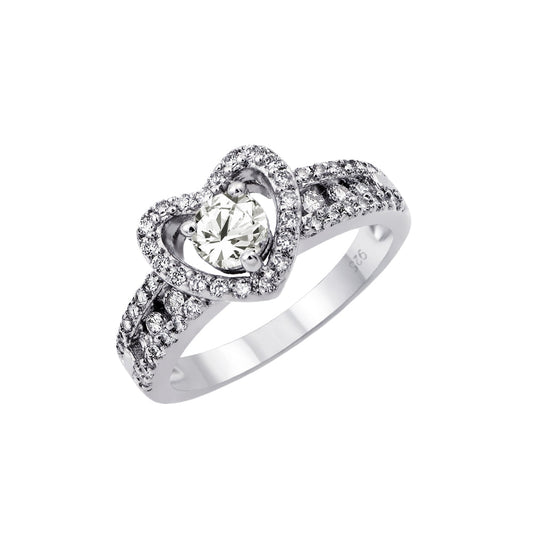 Rhodium Plated Sterling Silver 925 Clear Center CZ Heart Ring Band Sizes 5-9