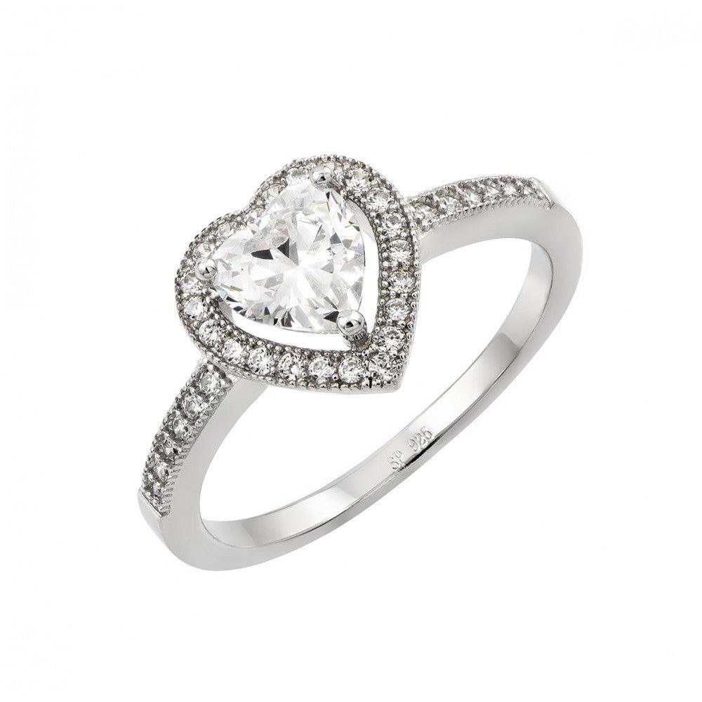 Rhodium Plated Sterling Silver 925 Heart Clear CZ Ring Love Band Sizes 5-9