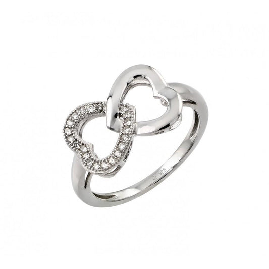 Rhodium Plated Sterling Silver 925 Clear Inlay CZ Loving Hearts Ring Sizes 5-9