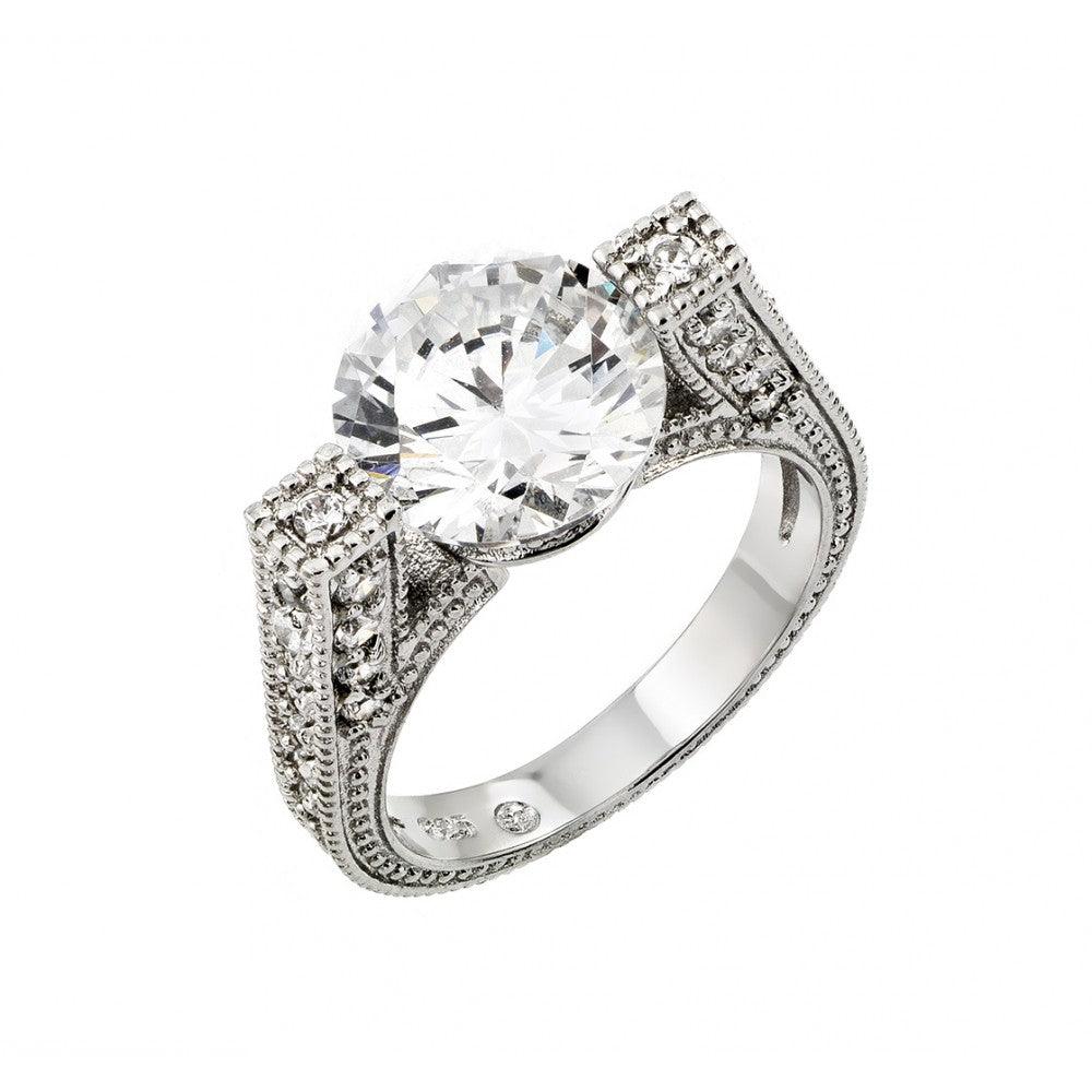 Rhodium Plated Sterling Silver 925 Clear Round Center Pave Set CZ Ring Sizes 5-9