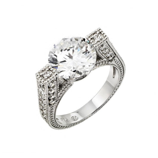 Rhodium Plated Sterling Silver 925 Clear Round Center Pave Set CZ Ring Sizes 5-9