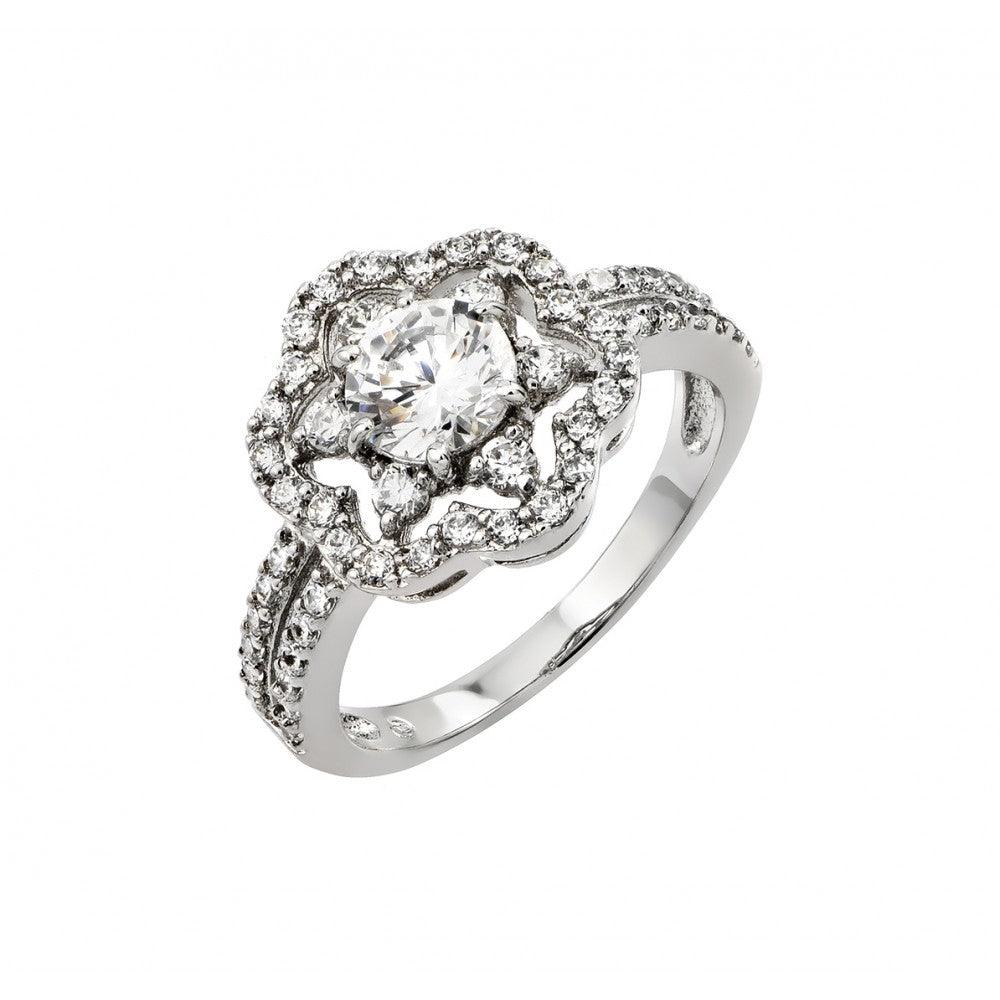 Rhodium Plated Sterling Silver 925 Clear Inlay CZ Flower Ring Band Sizes 5-9
