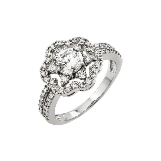 Rhodium Plated Sterling Silver 925 Clear Inlay CZ Flower Ring Band Sizes 5-9