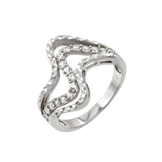 Rhodium Plated Sterling Silver 925 Clear CZ Inlay Wave Ring Band Sizes 5-9