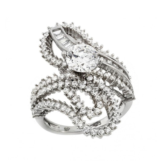 Sterling Silver 925 Rhodium Plated Clear Baguette Round Center CZ Ring Sizes 5-9