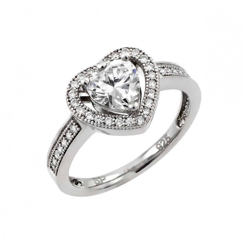 Rhodium Plated Sterling Silver 925 Clear Micro Pave Set CZ Heart Ring Sizes 5-9