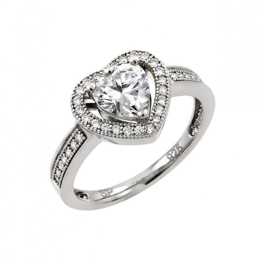 Rhodium Plated Sterling Silver 925 Clear Micro Pave Set CZ Heart Ring Sizes 5-9