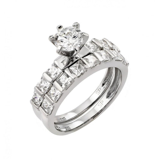 Rhodium Plated Sterling Silver 925 CZ Engagement Ring Wedding Set Band Sizes 5-9