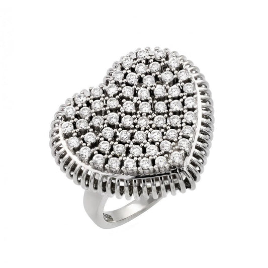 Rhodium Plated Sterling Silver 925 Pave Set Clear CZ Heart Ring Band Sizes 5-9