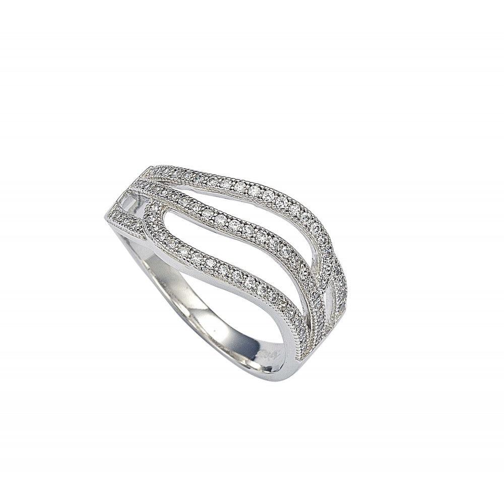 Rhodium Plated Sterling Silver 925 Micro Pave Set Clear CZ Wave Ring Sizes 5-9