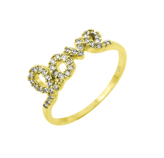 Gold Plated Sterling Silver 925 Clear CZ Love Ring Cute Band Sizes 5-9