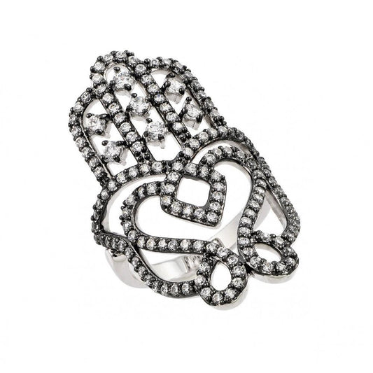 Rhodium Plated Sterling Silver 925 Oxidized Clear CZ Hamsa Hand Ring Sizes 5-9