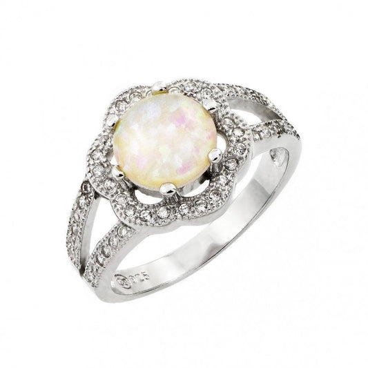 Rhodium Plated Sterling Silver 925 White Synthetic Opal CZ Flower Ring Sizes 5-9