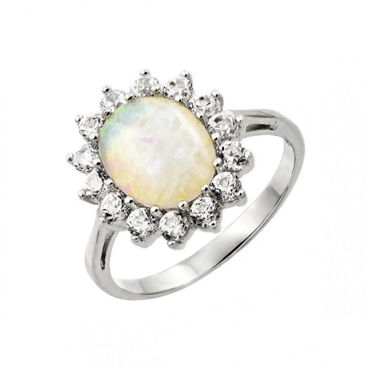 Rhodium Plated Sterling Silver 925 White Synthetic Opal CZ Sun Ring Sizes 5-9