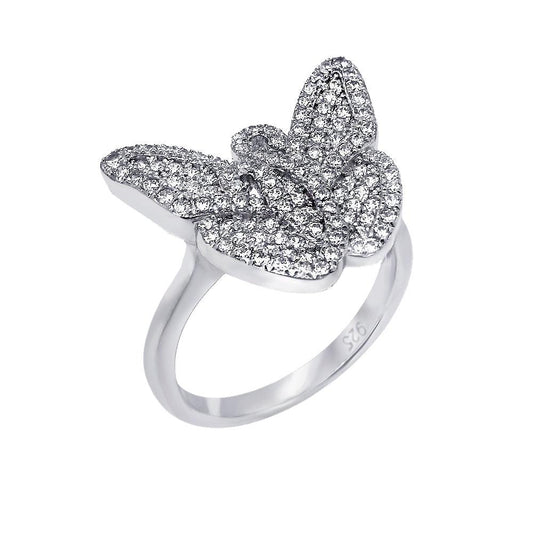 Rhodium Plated Sterling Silver 925 Micro Pave Clear CZ Butterfly Ring Sizes 5-9