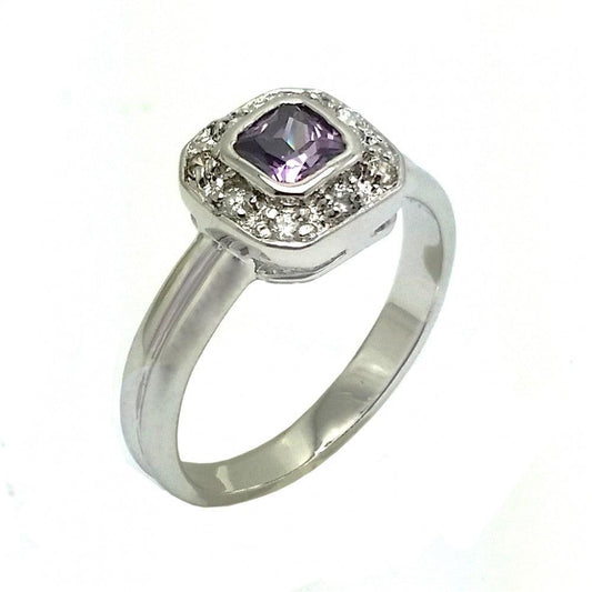 Rhodium Plated Sterling Silver 925 Purple Clear CZ Engagement Ring Sizes 5-9