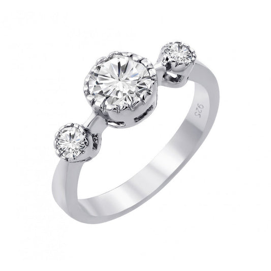 Rhodium Plated Sterling Silver 925 3 Round Clear CZ Ring Fashion Band Sizes 5-9