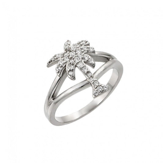 Rhodium Plated Sterling Silver 925 Clear CZ Palm Tree Ring Band Sizes 5-9