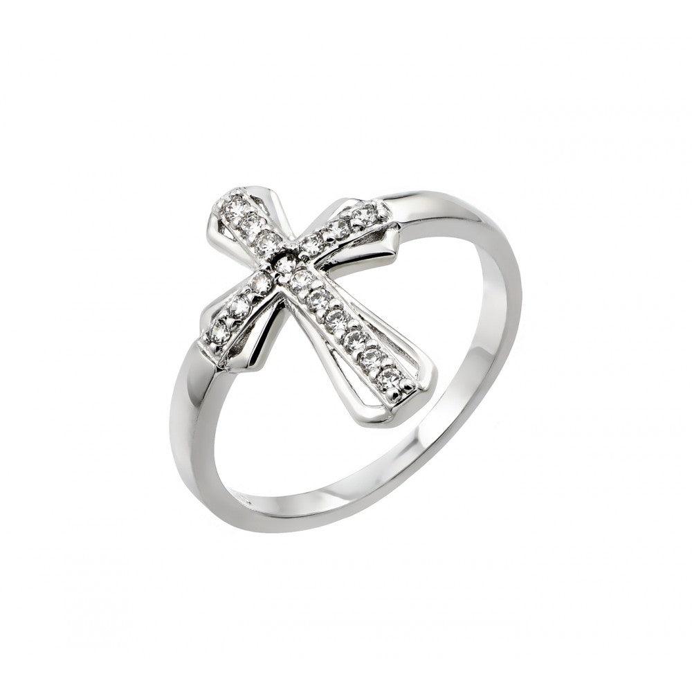 Rhodium Plated Sterling Silver 925 Clear CZ Cross Ring Christian Band Sizes 5-9