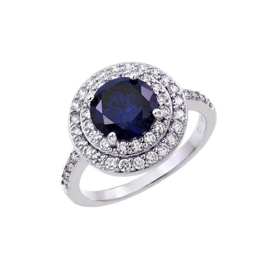 Rhodium Plated Sterling Silver 925 Blue Clear Halo CZ Ring Band Sizes 5-9