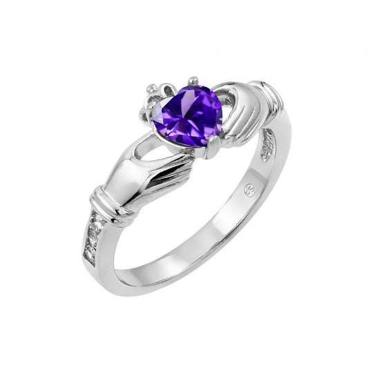 Rhodium Plated Sterling Silver 925 Purple Heart CZ Claddagh Ring Band Sizes 5-9