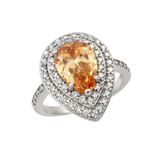 Rhodium Plated Sterling Silver 925 Champagne Clear CZ Teardrop Ring Sizes 5-9
