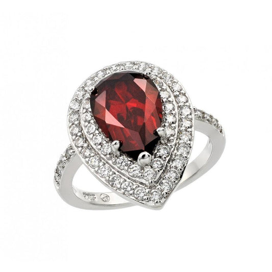 Rhodium Plated Sterling Silver 925 Red Clear CZ Teardrop Ring Band Sizes 5-9