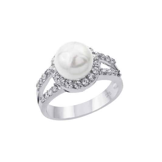 Sterling Silver 925 Rhodium Plated Clear Halo CZ Simulated Pearl Ring Sizes 5-9